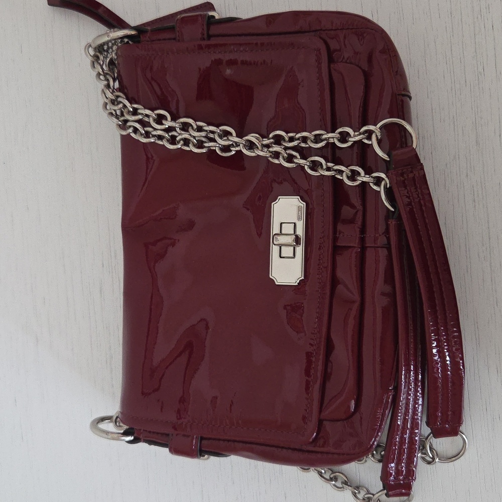 COACH burgundy patent leather crossbody silver chain bag